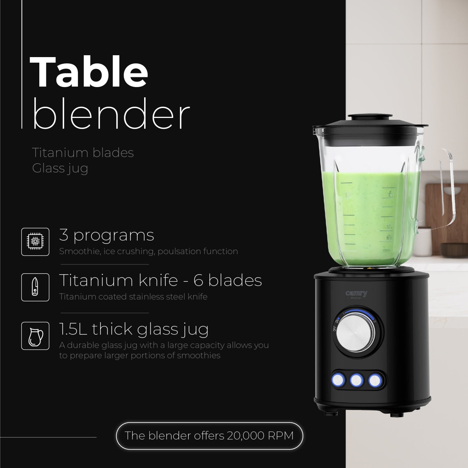 Camry CR 4088 Table blender - titanium blades - 1.5L glass jug