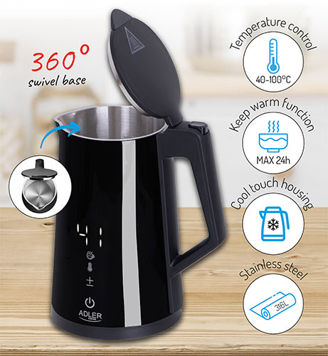 Adler AD 1345 black Electric kettle with LED display & temperature regulation 1,7L STRIX